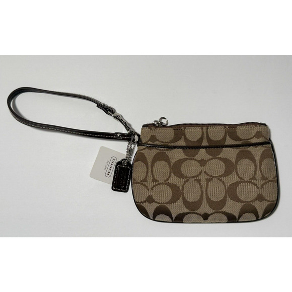 NWT Coach Jacquard Signature‎ C Wristlet Wallet with Leather Trim Charm Brown - Picture 1 of 12